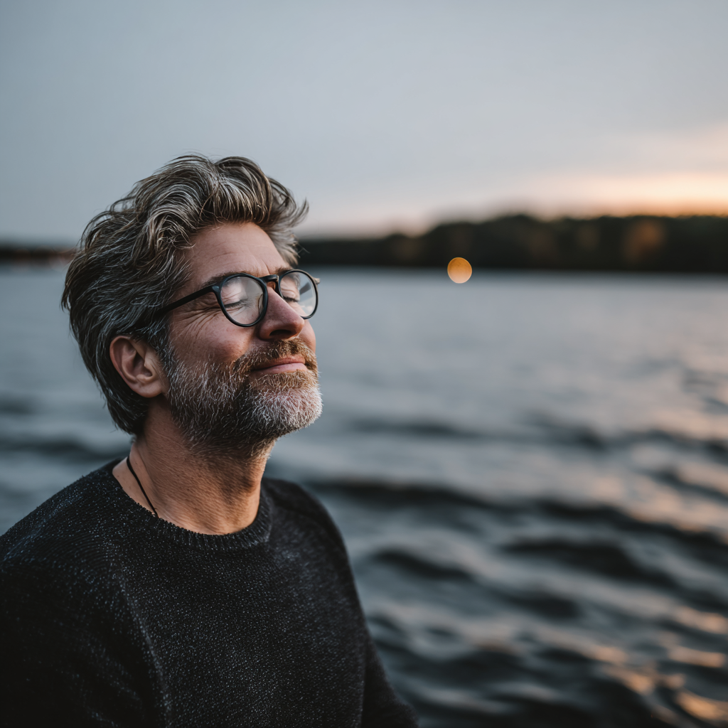 Чоловік 58 років у позі медитації з заплющеними очима, глибоко дихає на тлі спокійної природи