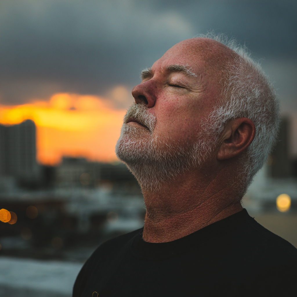 Чоловік 60 років у позі медитації на природі під час заходу сонця, з виразом глибокого спокою на обличчі