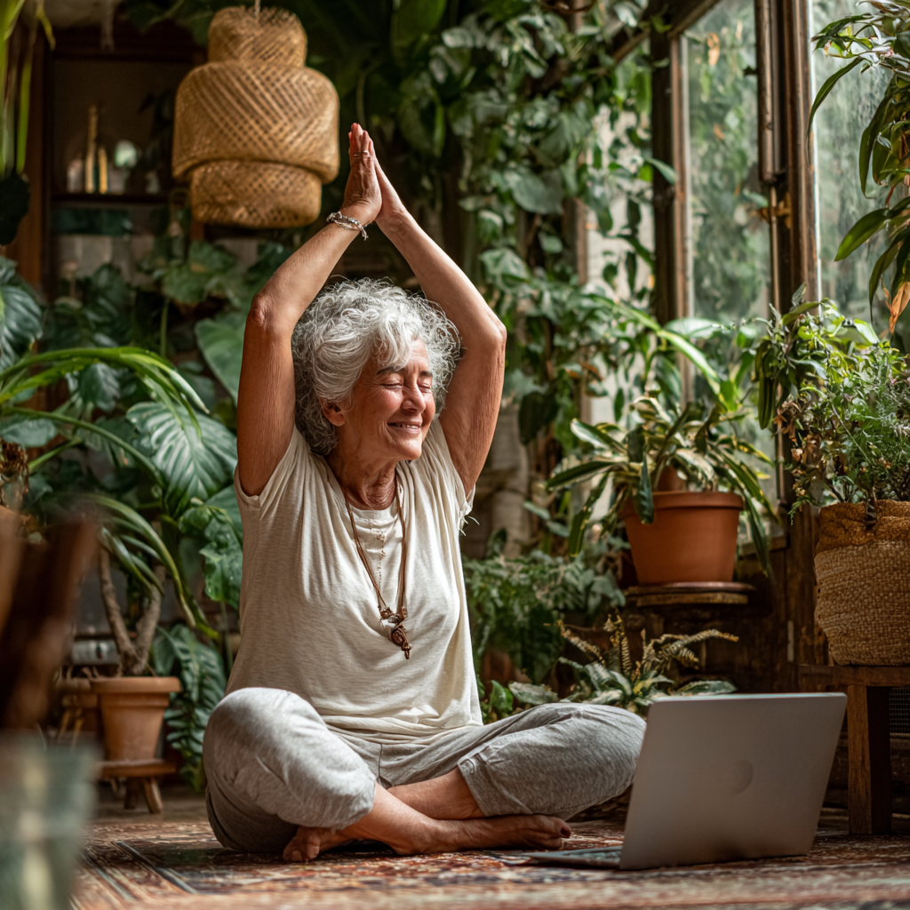 Жінка 52 роки практикує йогу вдома перед ноутбуком, виконуючи асану воїна з посмішкою